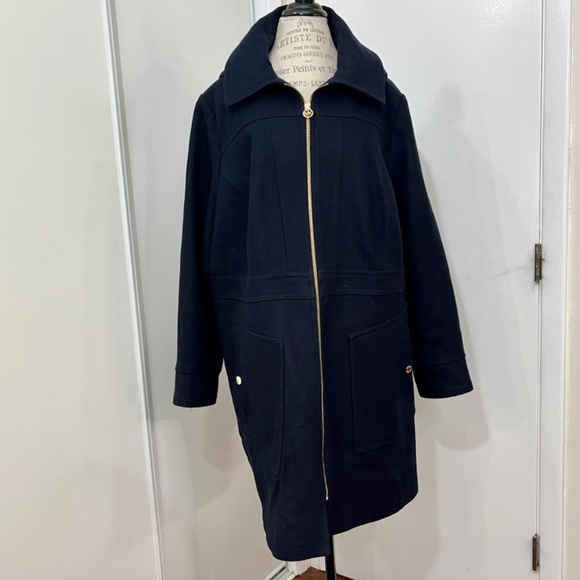 MICHAEL KORS Zip-Up Removable Hood Wool Coat Women Deep Black Lined Goldcolor 1X - Picture 10 of 16